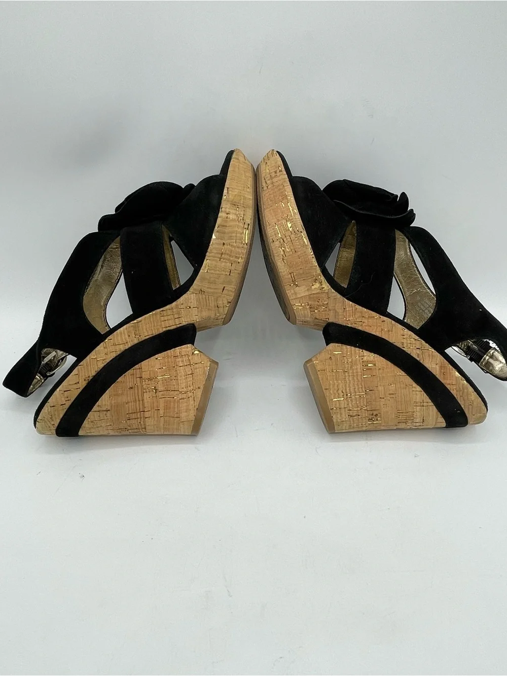 Sofft Black Suede Cork Wedge Sandals with Floral Rosette Accent.